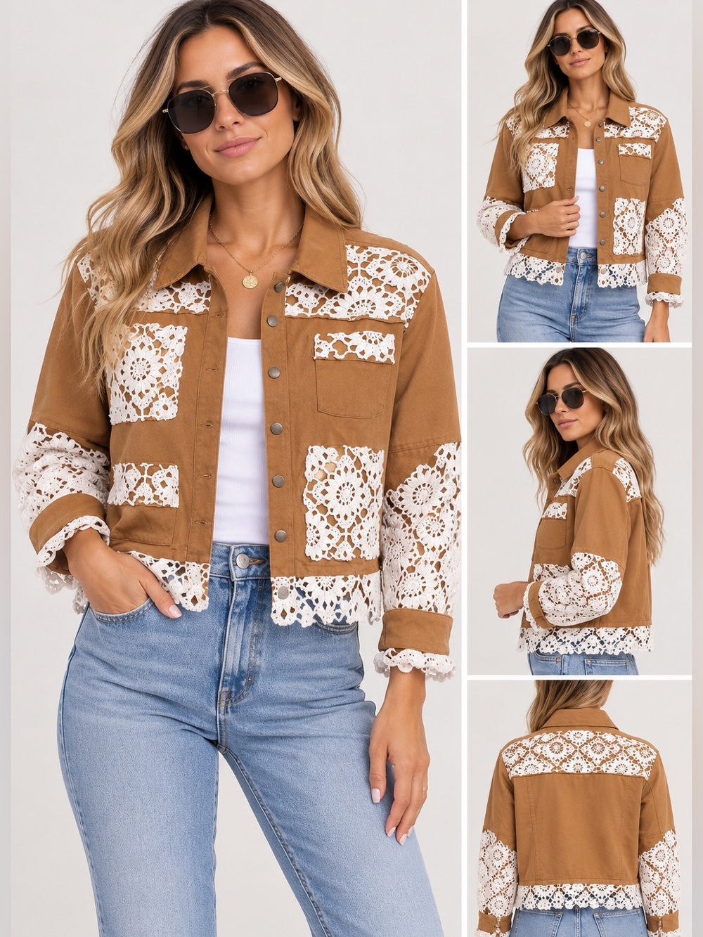051.New Tan Crochet Patchwork Jacket - Stylish Button-Front Coat
